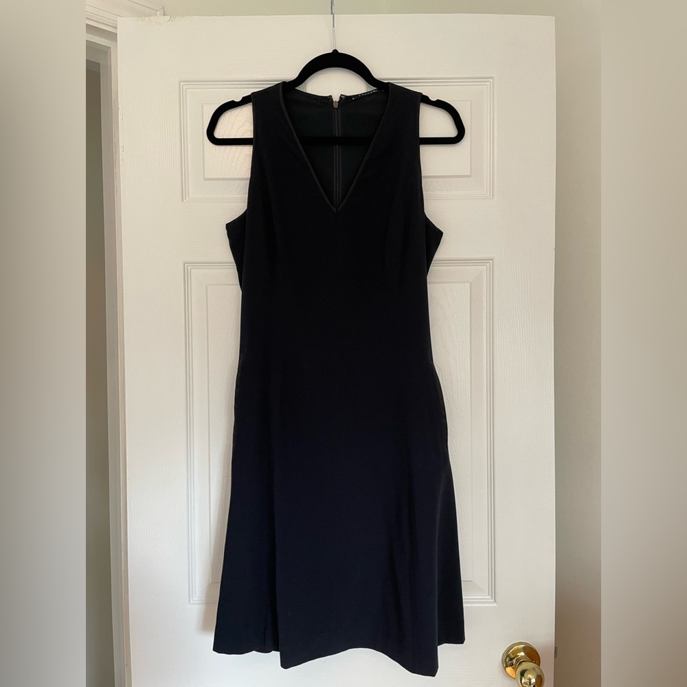 Tahari Navy A-line Dress with Leather V-neck and pocket detail Size 10